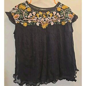 Women Black Crinkle Peasant Top Fringed Bottom Cap Sleeve Boho Embroidered Sz L